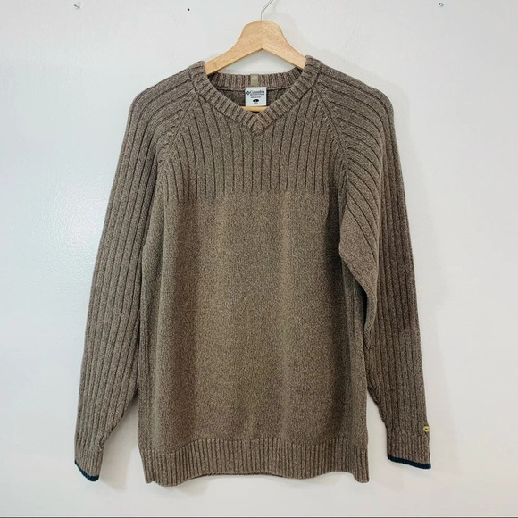 Columbia Chunky Sweater Men Large Brown V Neck Cotton Long Sleeve Logo Warm - Picture 1 of 11